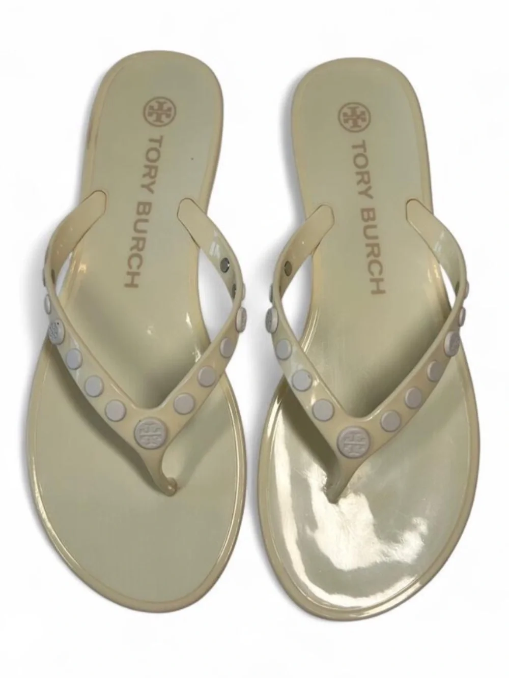 Tory Burch Light Cream Studded Thong Sandals. Size 7